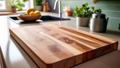 wooden cutting board on kitchen counter close up shot photos