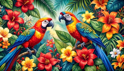 Vibrant Parrots Amidst Tropical Flower