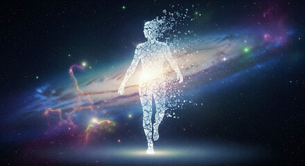 Cosmic Human Figure Dissolving Into Particles in Deep Space Universe