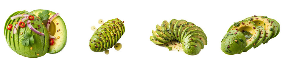 Assorted avocado slices with toppings. Healthy food, vegetarian diet, fresh produce, gourmet cuisine, trendy ingredient, culinary presentation.