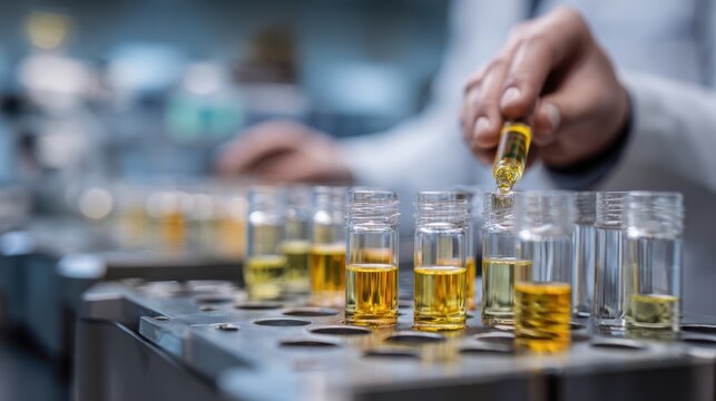 Focused medium shot of lab technician loading fluid samples into an autosampler for epidemiological study isolated subject with the background softly blurred.