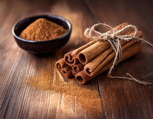ground cinnamon cinnamon sticks tied with jute rope and cinnamon powder in rustic style