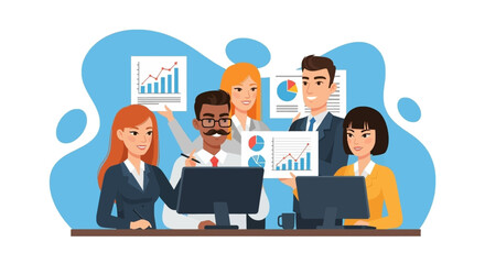 Diverse business team collaborating in an office, analyzing financial charts and data on computers. Represents teamwork, strategy, and professional success.