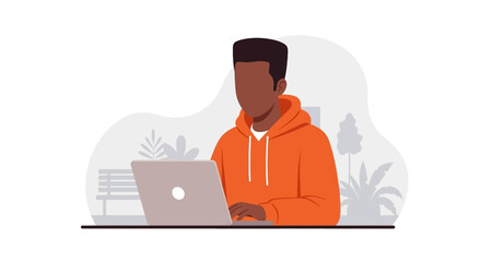Diverse young man in an orange hoodie using a laptop for remote work or online study in a casual park setting. Ideal for lifestyle, business, and technology themes.
