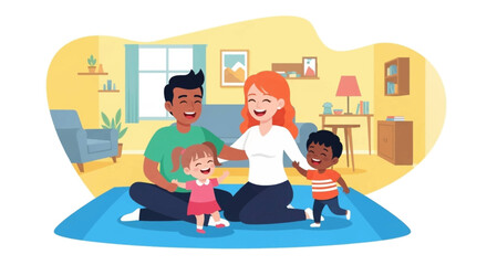 Happy diverse family with two young children playing on the floor at home. Portrays joy, love, and togetherness in a modern lifestyle setting.