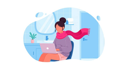 Woman in a scarf using a laptop in a cozy bathroom setting, illustrating remote work, home comfort, or working while recovering from illness.
