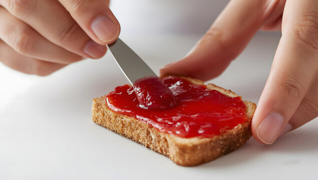 Hands carefully spreading red fruit jam onto a slice of toasted bread.