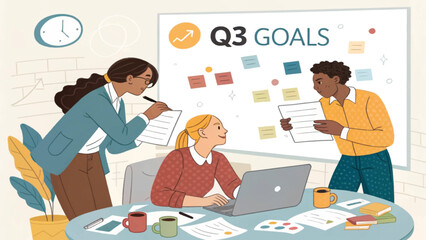 Professional diverse team actively planning Q3 business goals in a modern office, utilizing a whiteboard, laptop, and documents. Illustrates collaboration and strategy.