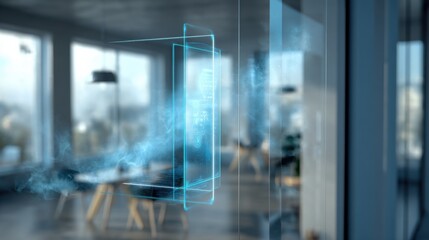 Crisp medium shot centered on transparent AR weather panel with live sensorbased climate overlays main data layer in focus outoffocus blurred room enhances futuristic ambiance.