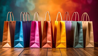 Row of vibrant shopping bags in various colors stand out against a backdrop of soft color gradients on a wooden surface.