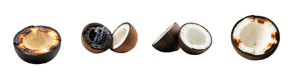 Burnt, charred, coconut halves. Destroyed fruit, burned food, ash, fire damage, damaged, spoiled, ruined, food waste, healthy eating, tropical, tasty, broken, organic