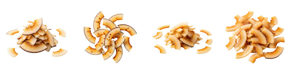 Coconut chips shown in various arranged piles. Dried fruit snack, healthy eating, organic food, vegan, vegetarian, dessert, natural, tropical, ingredient.