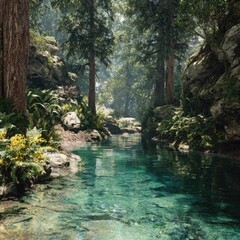 Tranquil forest stream. Sunlight filters through trees