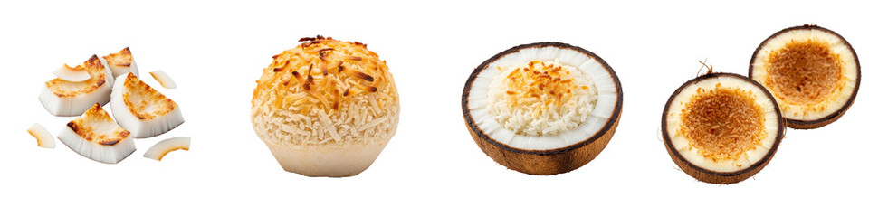 Coconut parts display toasted flakes, filled halves. Tropical fruit, ingredient, food, dessert, healthy, snack, vegan, vegetarian, natural, fresh, gourmet, sweet, dessert.