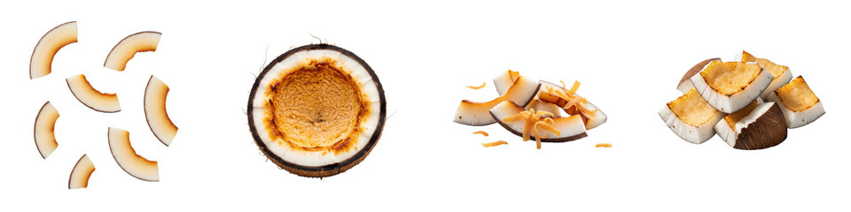 Coconut pieces shown, various cuts. Tropical fruit, vegetarian, healthy eating, snack, ingredient, nutrition, cooking, culinary, fresh, diet, organic