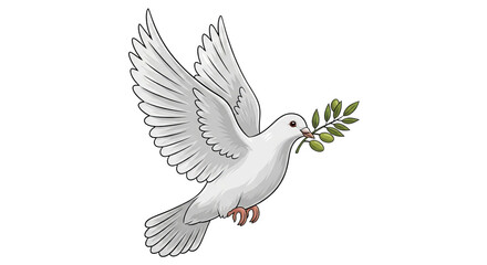 Obraz premium dove is flying while holding an olive branch in its beak against a solid background.