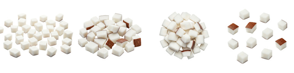 Diced coconut arranged into different quantities. Tropical fruit, food preparation, ingredient, dessert, cooking, healthy eating, fresh, organic, diet.