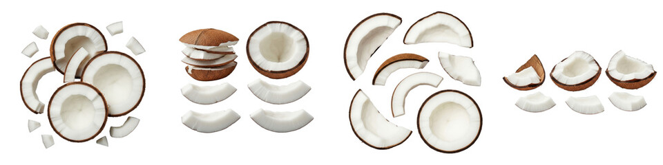 Arrangement of coconut pieces on white background. Tropical fruit, healthy food, ingredient, fresh, nutrition, vegetarian, diet, exotic.