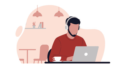 Focused man in headphones working on laptop at a cafe or home office. Illustrates remote work, online learning, or digital entrepreneurship.