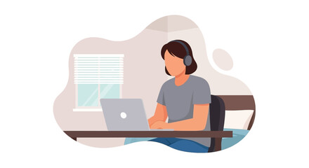 Person with headphones using a laptop at home, working remotely or studying. Represents telecommuting, online learning, and a modern lifestyle.