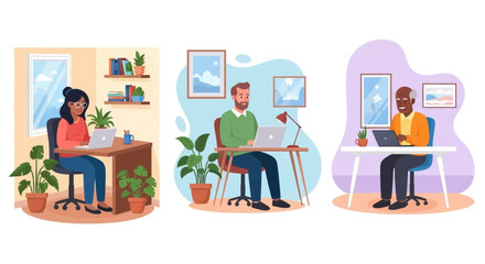 Diverse people, including a woman, man, and senior man, work efficiently from home offices. Illustrates remote work, productivity, and flexible modern lifestyles.