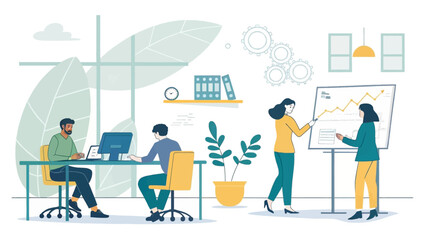Professional team collaborating in a modern office environment, analyzing data and presenting strategies for business growth and success. Ideal for concepts of teamwork and progress.