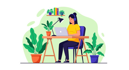 Smiling woman with headphones working remotely on her laptop in a cozy home office setup, surrounded by plants and books. Represents modern work-life balance and productivity.