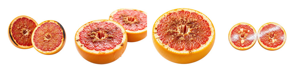 Halved grapefruits, some sprinkled with sugar. Healthy fruit, citrus, breakfast, diet, nutrition, vitamin C, food preparation