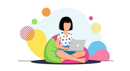 Young woman comfortably working on a laptop from home, embodying remote work, freelancing, and modern lifestyle with vibrant colors.