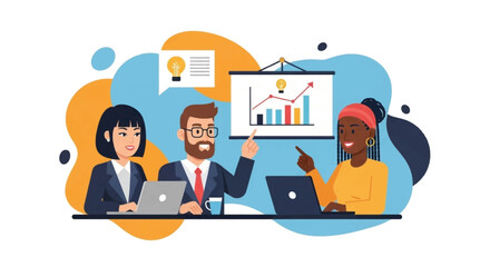 Diverse business team collaborating in a meeting, analyzing growth charts and discussing new ideas for success and innovation.