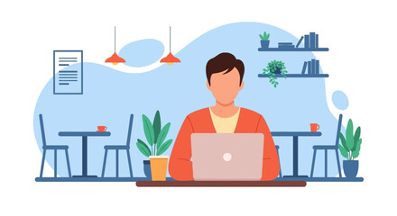 Person working on a laptop in a modern cafe or co-working space, ideal for illustrating remote work, freelance, or digital learning concepts.