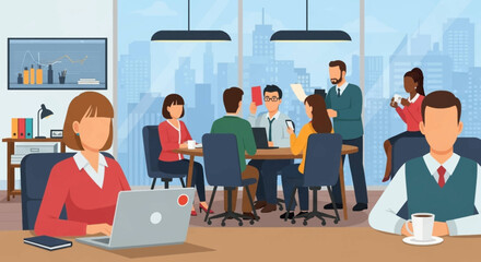 Diverse business team collaborating in a modern office with a city view. Represents teamwork, productivity, and corporate success in a dynamic professional environment.