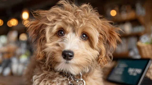 Close-up of a Cute Cavapoo Puppy with Curly Brown Fur Sitting on a Counter in a Cafe, Looking at the Camera with Big Eyes