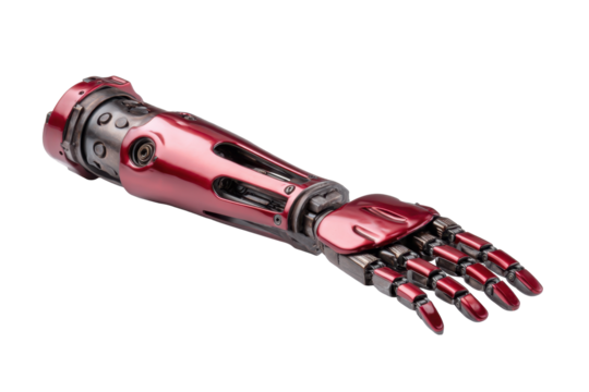 Red Metallic Prosthetic Arm on Transparent Background