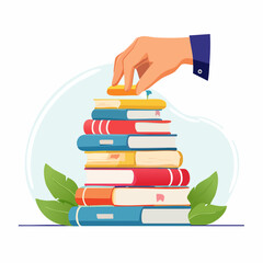 Hand Placing Book On Stack Of Books