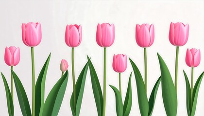 Fototapeta premium A row of vibrant pink tulips stands tall against a plain white background, displaying delicate petals and lush green foliage.