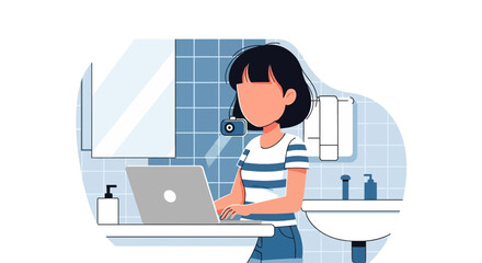 Professional woman uses a laptop for remote work or an online meeting in a modern tiled bathroom, illustrating flexibility and technology integration into daily life.