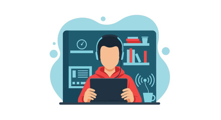 Person wearing headphones using a laptop for remote work, online learning, or customer support in a digital, connected environment. Ideal for tech, education, or business concepts.