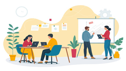A team of professionals collaborates in a modern office, working on laptops and analyzing data on a whiteboard. Illustrates teamwork, business strategy, and productivity.