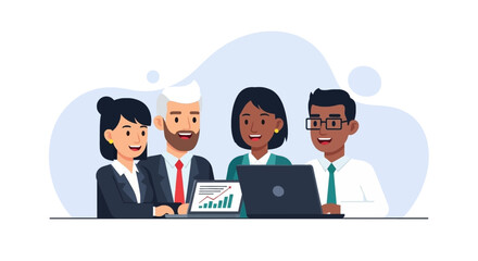 Diverse business team collaborating on project, analyzing data and discussing strategy in a modern office. Represents teamwork, innovation, and success.
