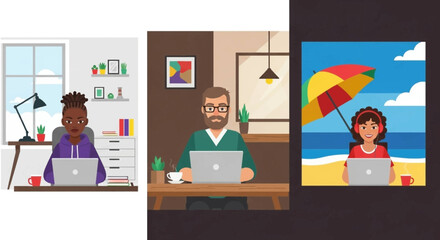 Diverse people engaged in remote work from various locations: a home office, a modern cafe, and a sunny beach, illustrating flexible lifestyle and productivity.