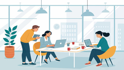 Diverse team collaborating in a modern office, working on laptops and discussing projects. Depicts teamwork, productivity, and a professional business environment.