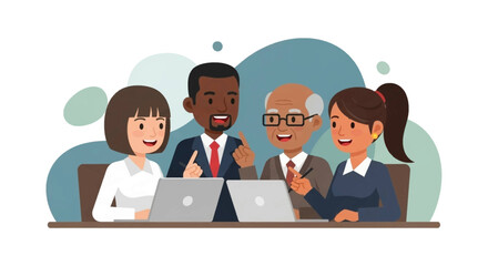 Diverse business professionals in a collaborative meeting, discussing strategies and ideas with laptops in an office setting. Teamwork concept.