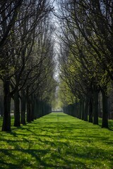 Fototapeta premium Peaceful tree lined pathway in a park with fresh green grass and natural symmetry, creating a serene landscape scene ideal for relaxation, meditation, and nature concepts