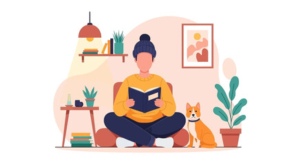 Fototapeta premium Person enjoying quiet reading time at home with their dog, surrounded by cozy decor. Represents relaxation, learning, and comfortable lifestyle.