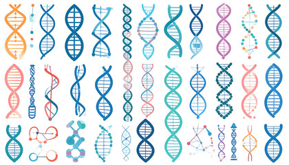 Assorted colorful DNA strand illustrations with watercolor style on black