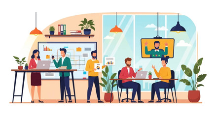 Diverse business team collaborating in a modern office, utilizing laptops and video conferencing for effective communication and project management.