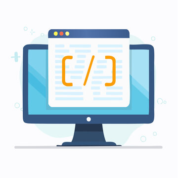 Flat Design Computer Showing Webpage Code