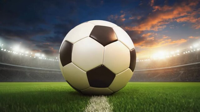 Fu&szlig;ball im Stadion bei Sonnenuntergang