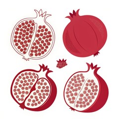 Pomegranate fruit whole and half isolated on white background line drawing